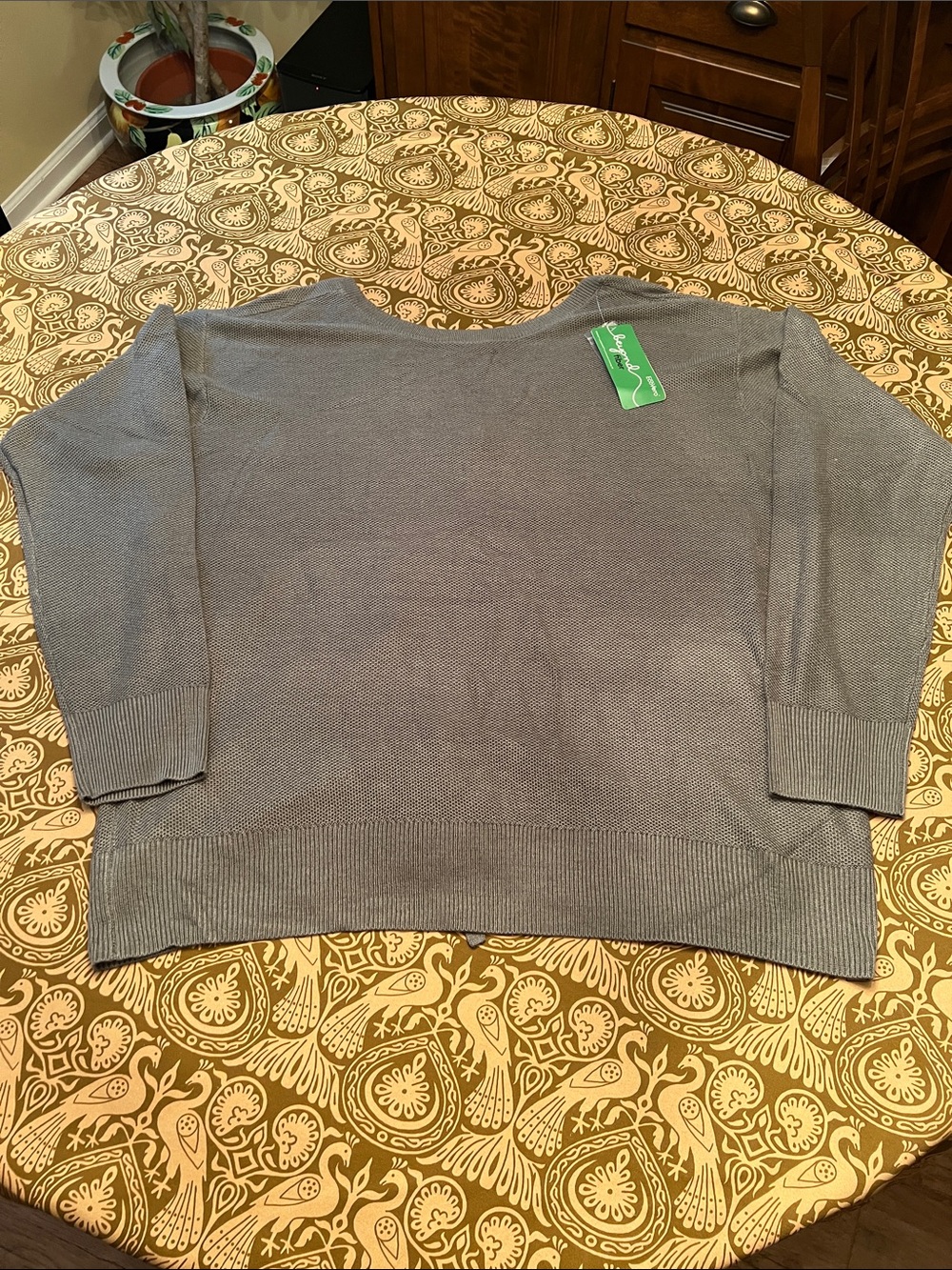 zuda Green/Grey Knit Sweater Top with Cinched V-Neck Back
